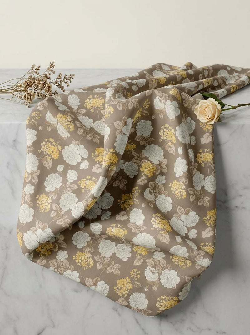 Brown Vintage Rose Floral Silk Crepe Digital Printed Fabric