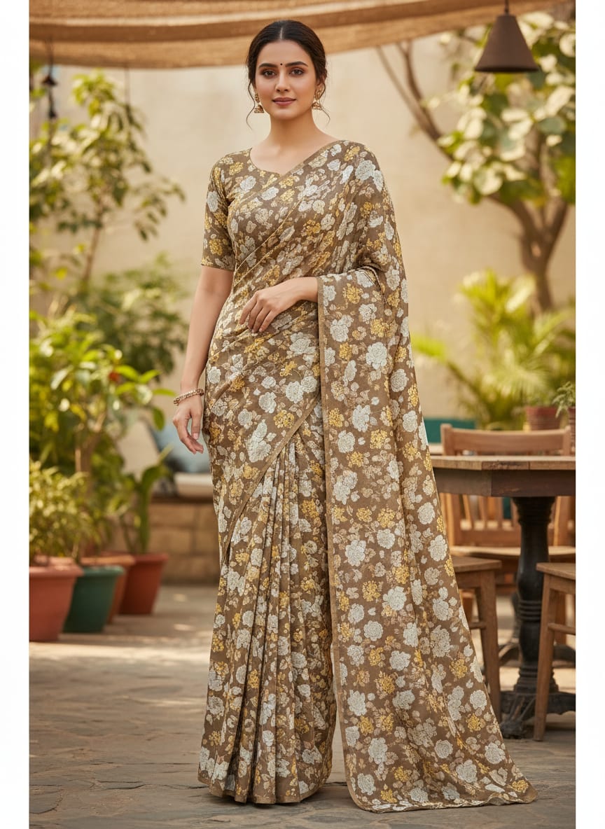 Beautiful Floral Vine Over Brown Base Digital Printed Fabric