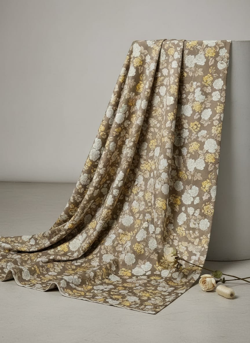 Brown Vintage Rose & Hydrangea Floral Jam Satin Digital Printed Fabric