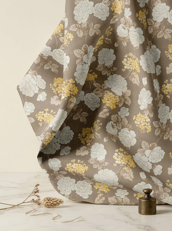 Brown and Yellow Vintage Rose Floral Kora Silk Digital Printed Fabric - Fabric Editorial Studio Flatlay Lookbook - KS-0-MA09110-110