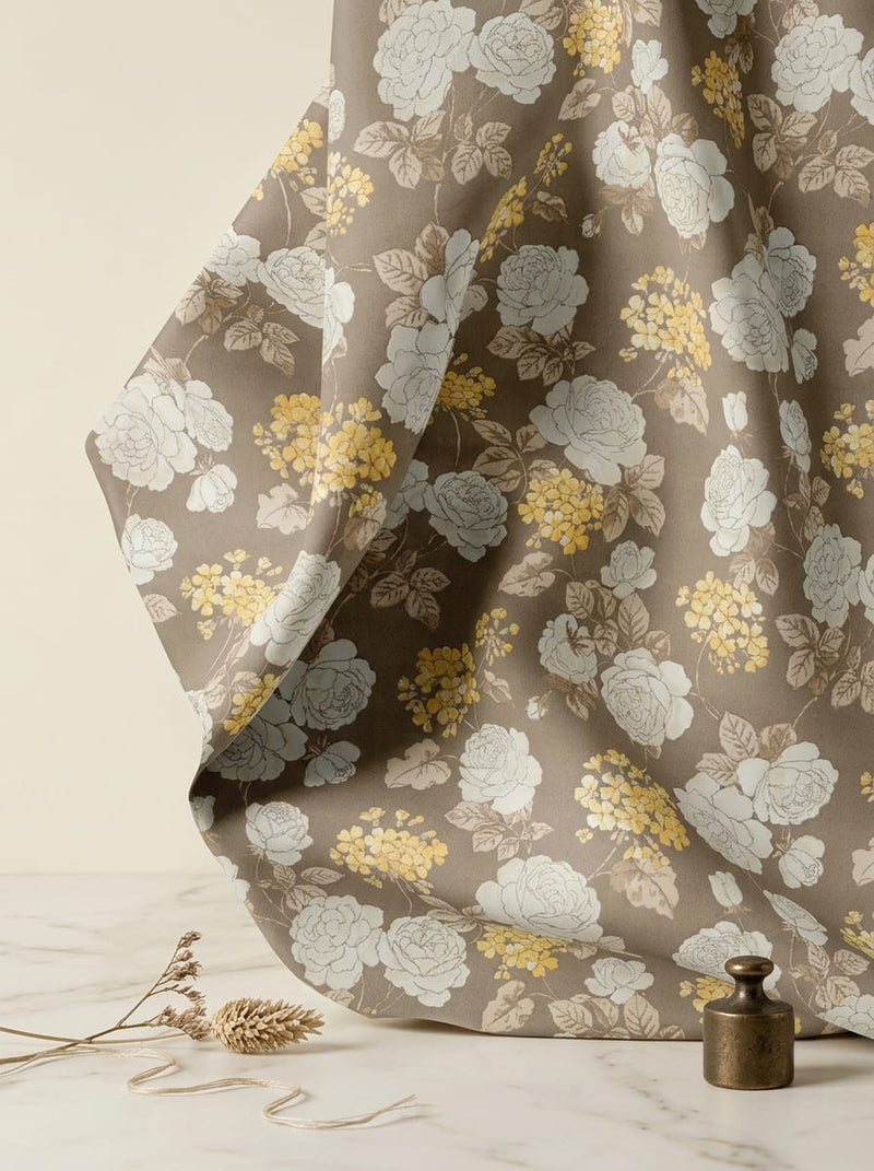 Brown and Yellow Vintage Rose Floral Kora Silk Digital Printed Fabric