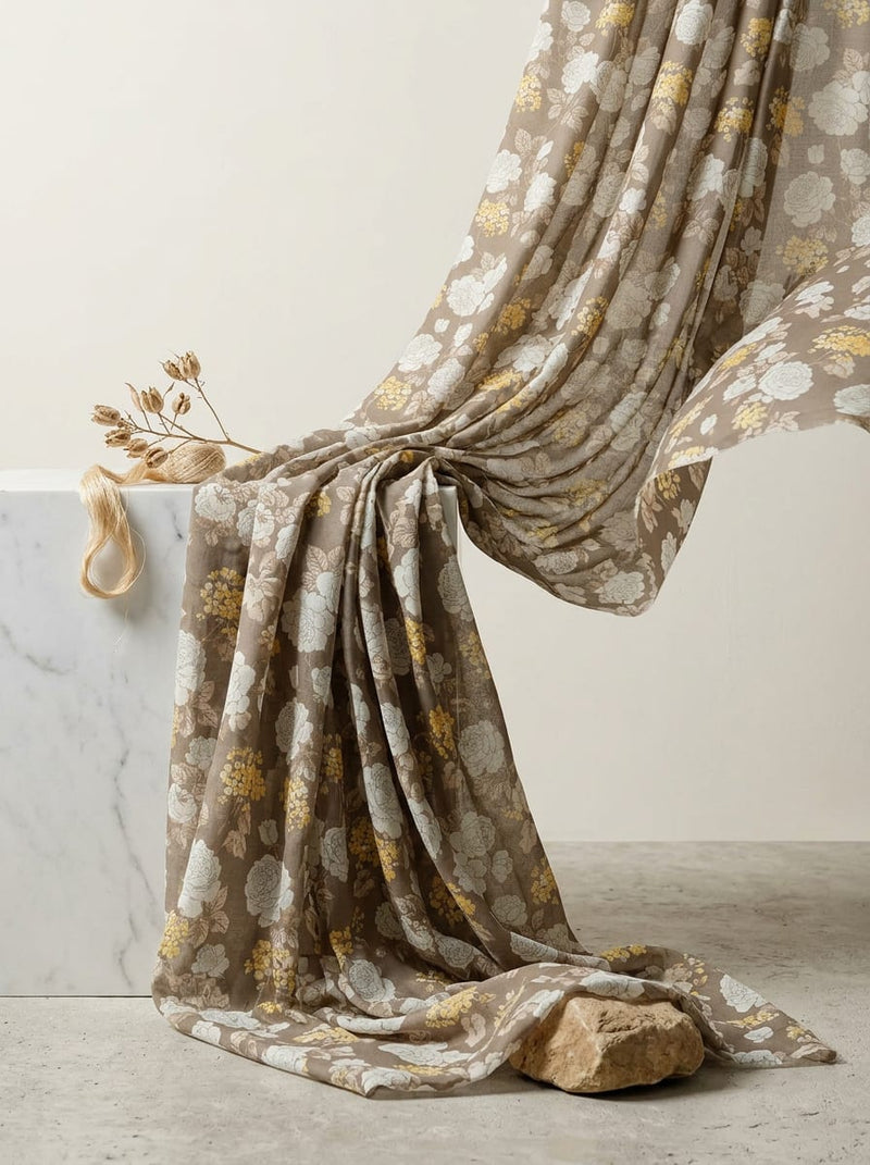 Brown Vintage Rose Floral Muslin Digital Printed Fabric