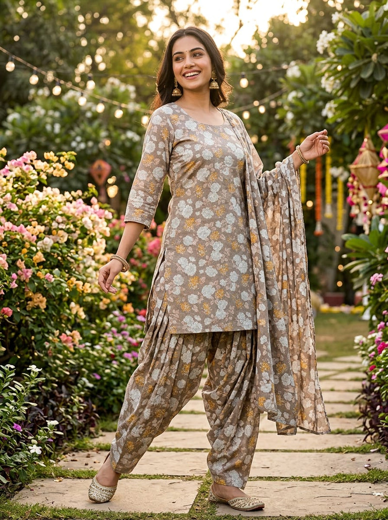 Brown Vintage Floral Garden Pure Cotton Digital Printed Fabric