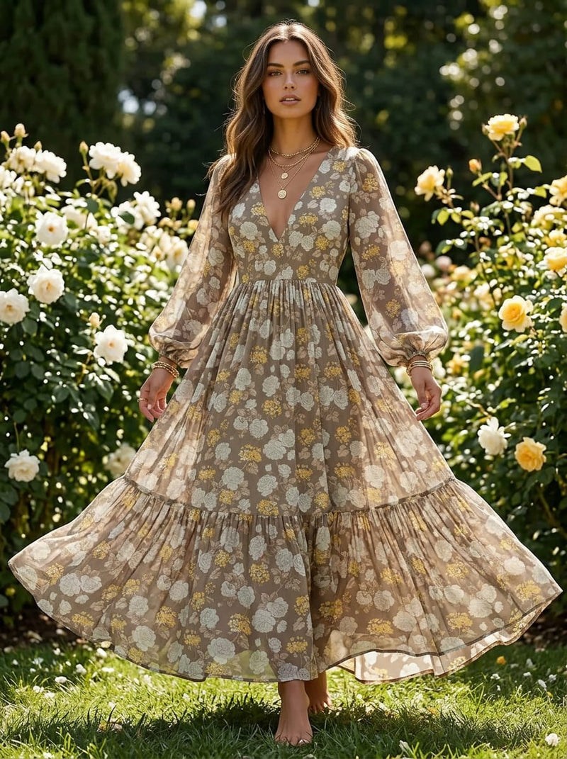 Brown Vintage Rose and Hydrangea Floral Pure Georgette Digital Printed Fabric