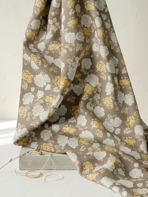 Brown Vintage Rose Garden Floral Tusser Silk Digital Printed Fabric