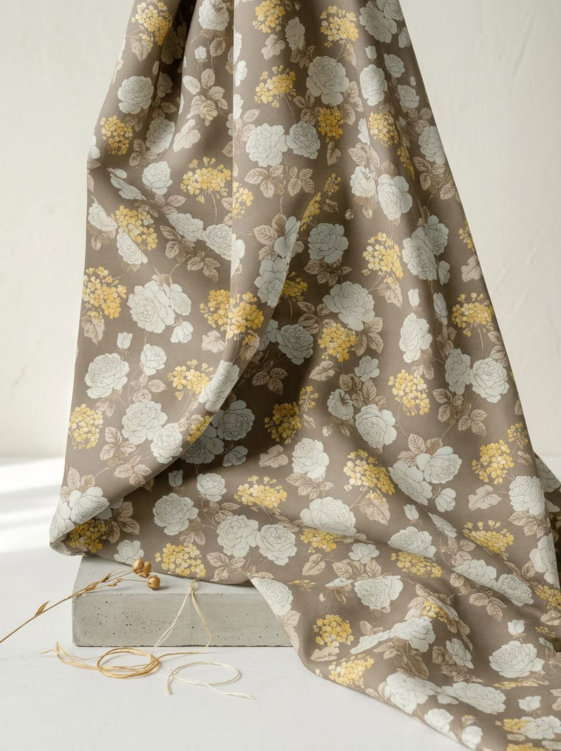 Brown Vintage Rose Garden Floral Tusser Silk Digital Printed Fabric