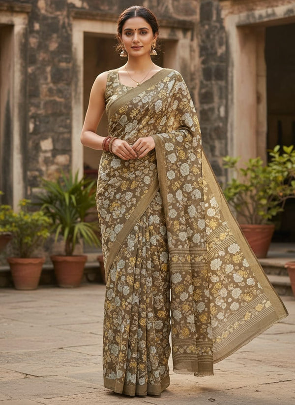 Beautiful Floral Vine Over Brown Base Digital Printed Fabric - Saree Lookbook - TS-0-MA09110-110 - alternate view