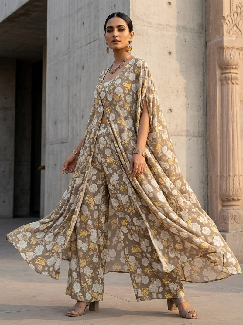 Brown Vintage Floral Weightless Digital Printed Fabric