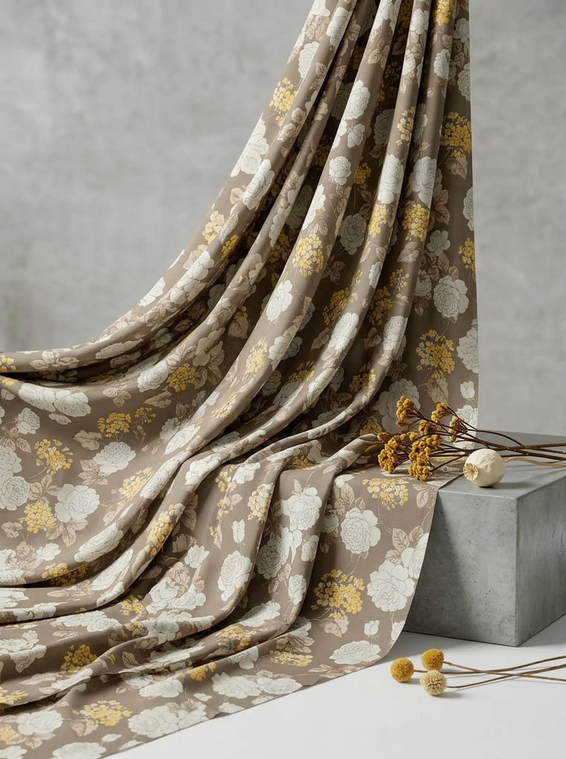 Brown Vintage Floral Weightless Digital Printed Fabric
