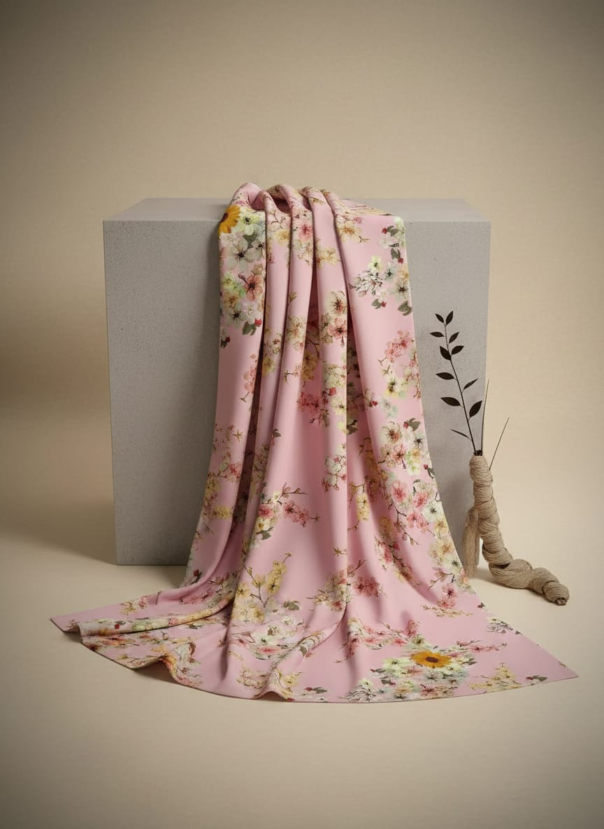 Pink Cherry Blossom & Sunflower Floral Rayon Digital Printed Fabric