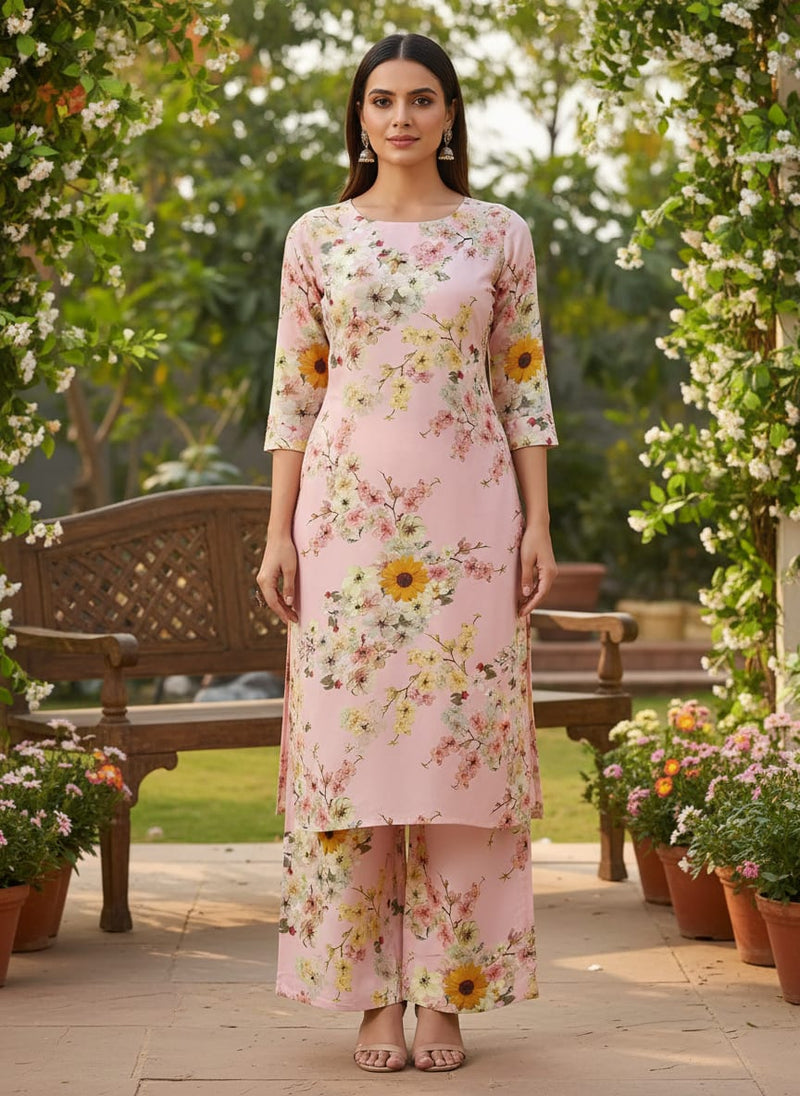 Pink Cherry Blossom & Sunflower Floral Rayon Digital Printed Fabric