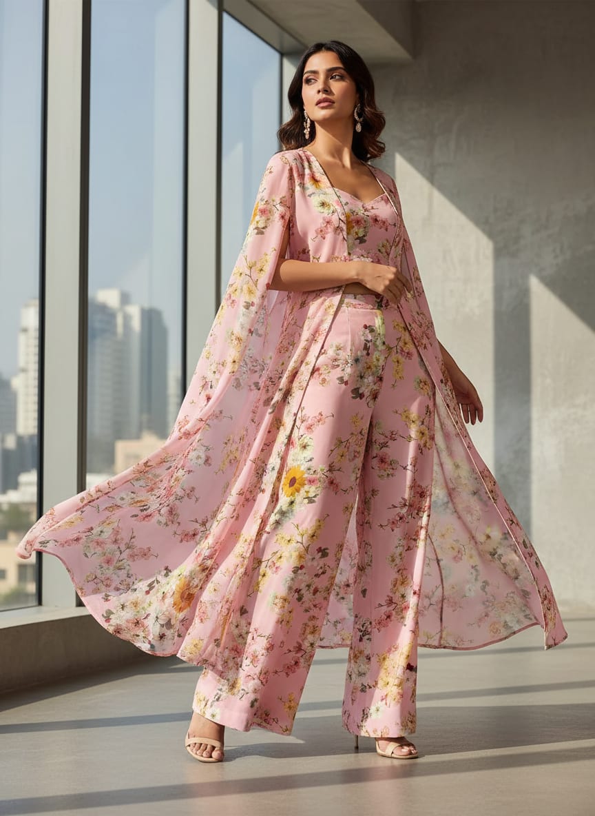 Pink Watercolour Floral Blossom Jam Satin Digital Printed Fabric