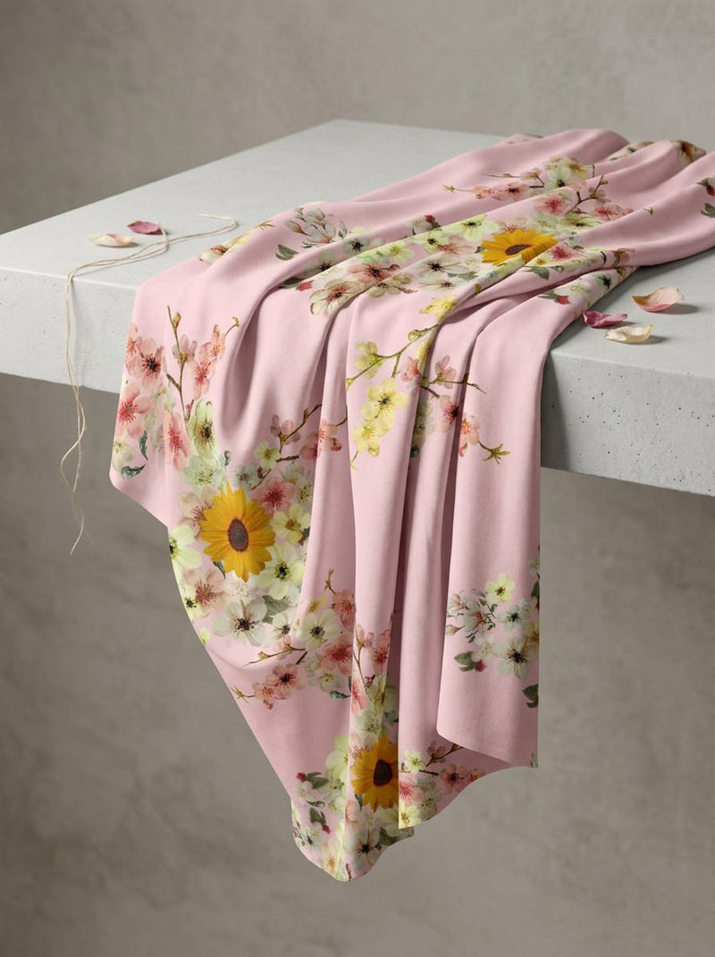 Pink Watercolor Floral Bouquet Muslin Digital Printed Fabric