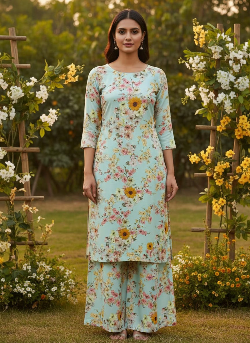 Blue Scattered Sunflowers and Cherry Blossoms Rayon Digital Printed Fabric