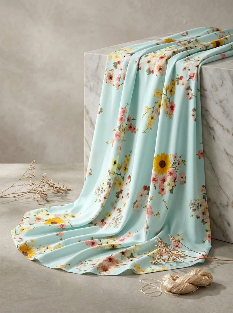 Blue Scattered Sunflowers and Cherry Blossoms Rayon Digital Printed Fabric