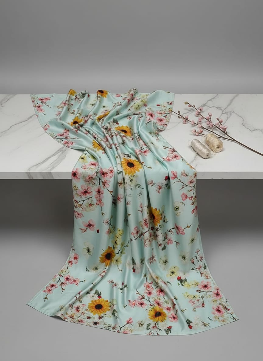 Beautiful Floral Vine Pista Base Digital Printed Fabric