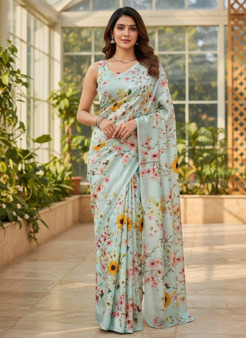 Beautiful Floral Vine Pista Base Digital Printed Fabric