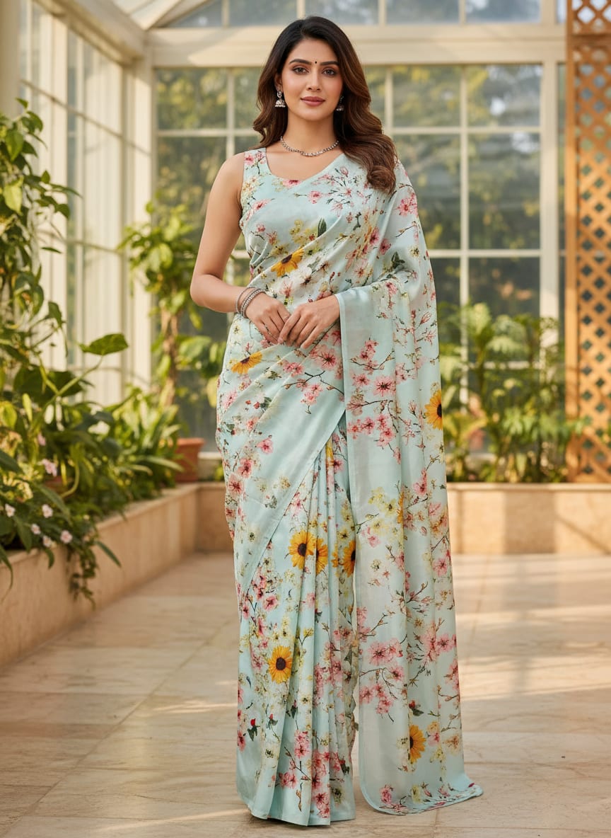 Beautiful Floral Vine Pista Base Digital Printed Fabric