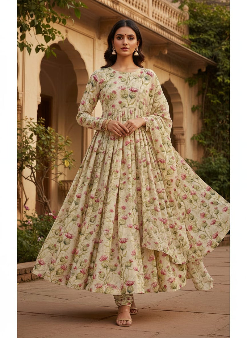 Beautiful Floral Vines Over Cream Base Digital Printed Fabrics
