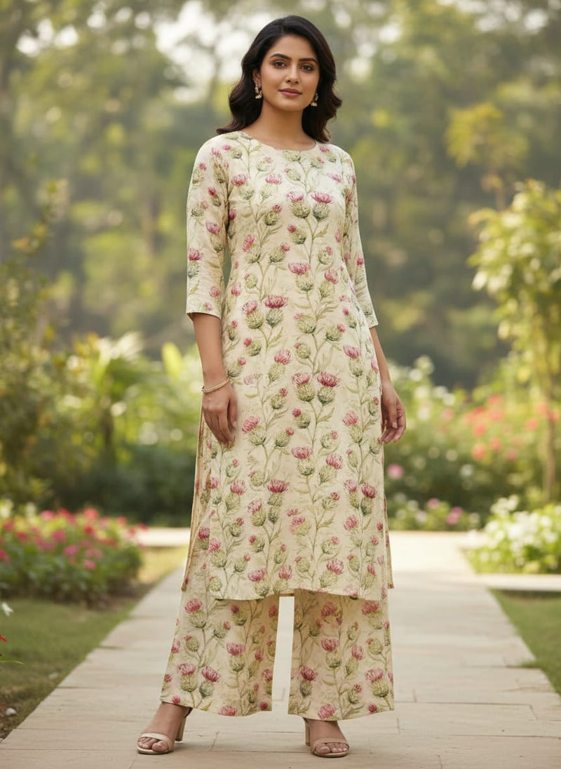 Beautiful Floral Vines Over Cream Base Digital Printed Fabrics