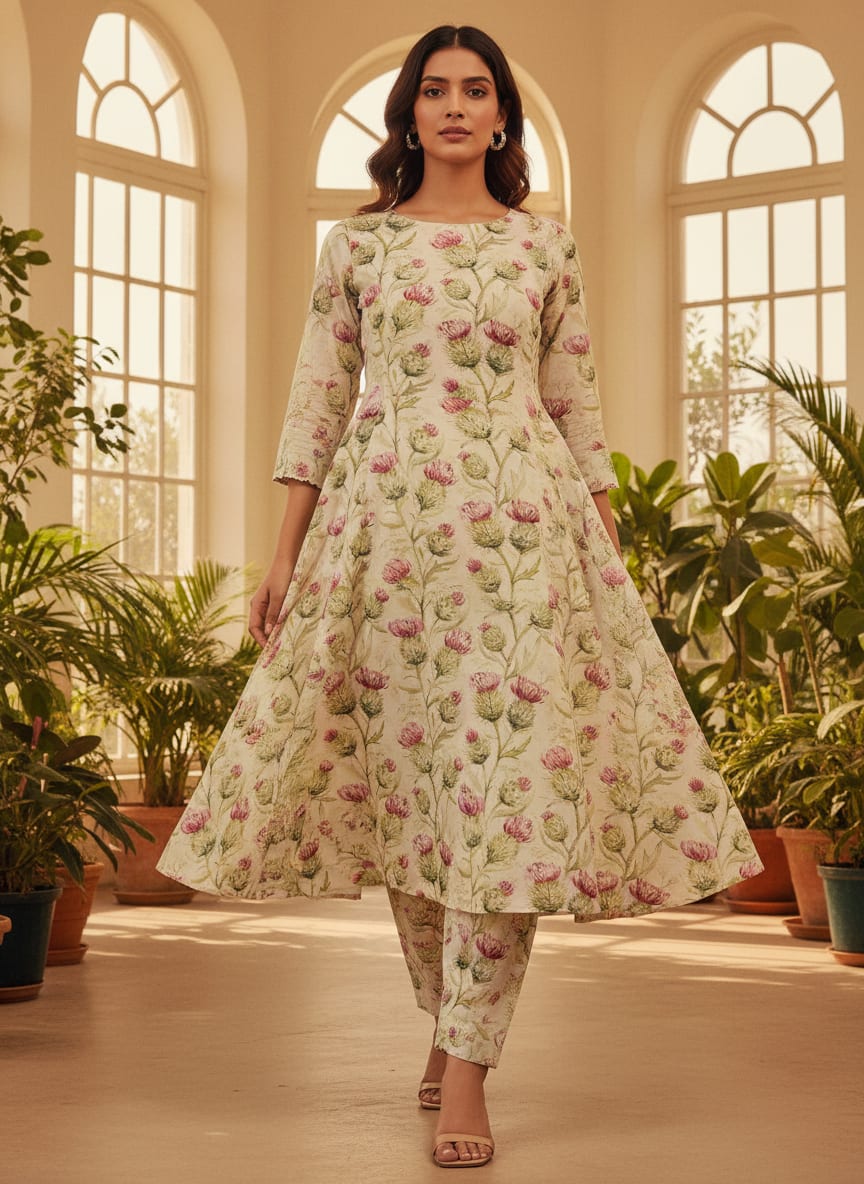Beautiful Floral Vines Over Cream Base Digital Printed Fabrics