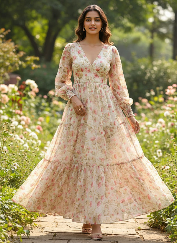 Beautiful Floral Vines Over Cream Base Digital Printed Fabrics - Flowy Maxi Dress Lookbook - PCH-0-MA0409-96 - alternate view