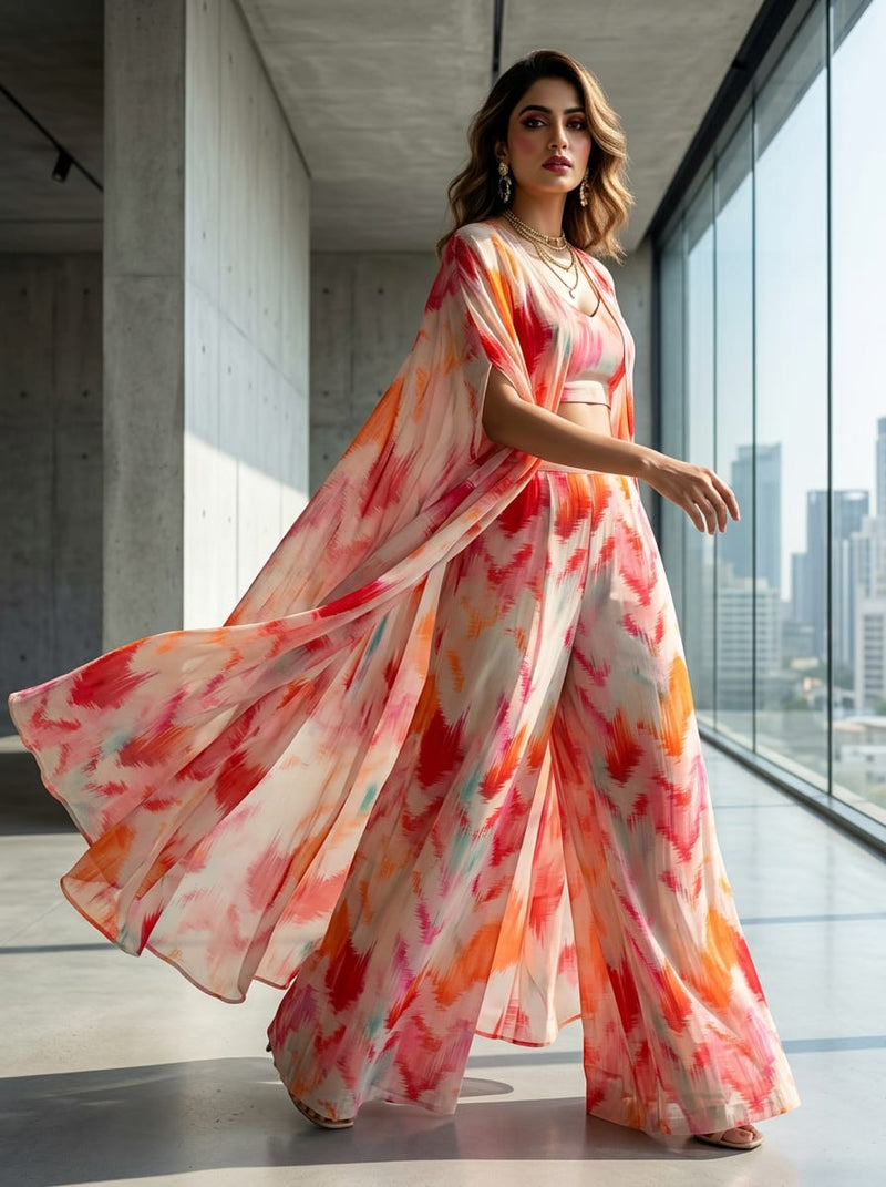 Multicolor Abstract Brushstroke Ikat Pure Chiffon Digital Printed Fabric