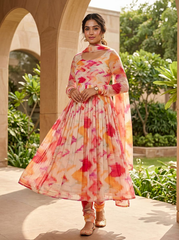 Multicolor Abstract Ikat Brush Stroke Weightless Digital Printed Fabric - Anarkali Kurta Set Lookbook - WE-0-0MA05296-110 - alternate view
