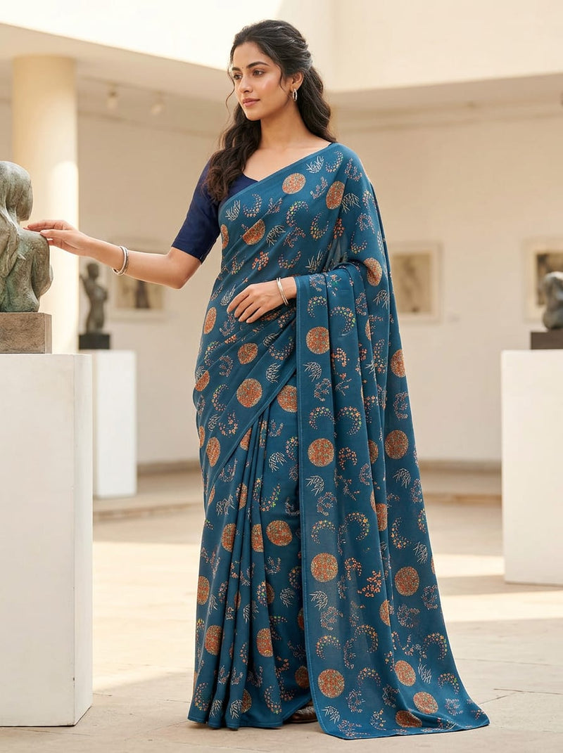 Navy Celestial Medallion and Bamboo Silk Crepe Digital Printed Fabric