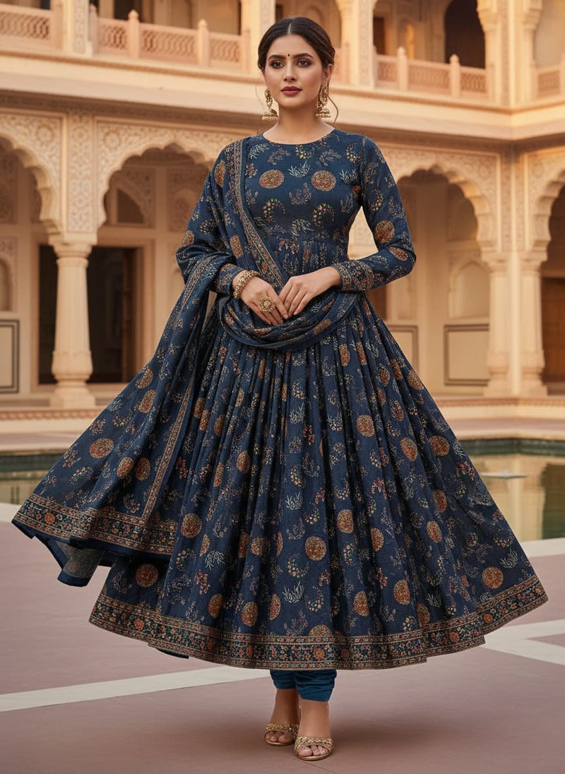 Beautiful Quirky Pattern over Blue Base Digital Printed Fabric