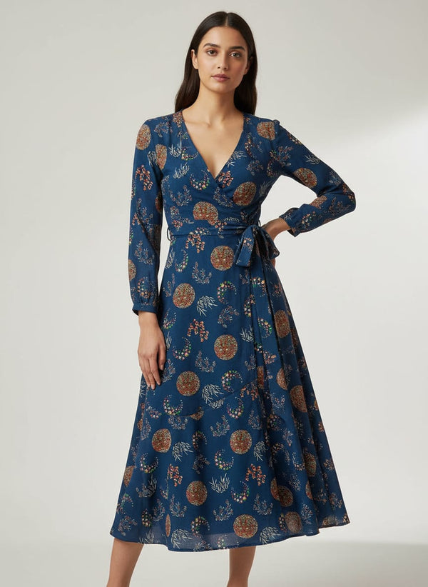 Navy Celestial Medallion and Bamboo Silk Crepe Digital Printed Fabric - Wrap Dress Lookbook - CR-0-TA01266-110 - alternate view
