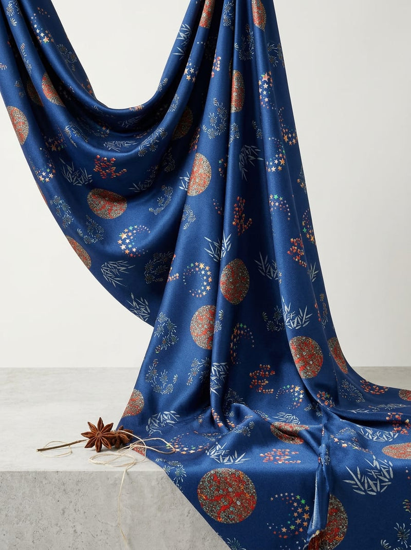 Blue Japanese Celestial Motif Japan Satin Digital Printed Fabric