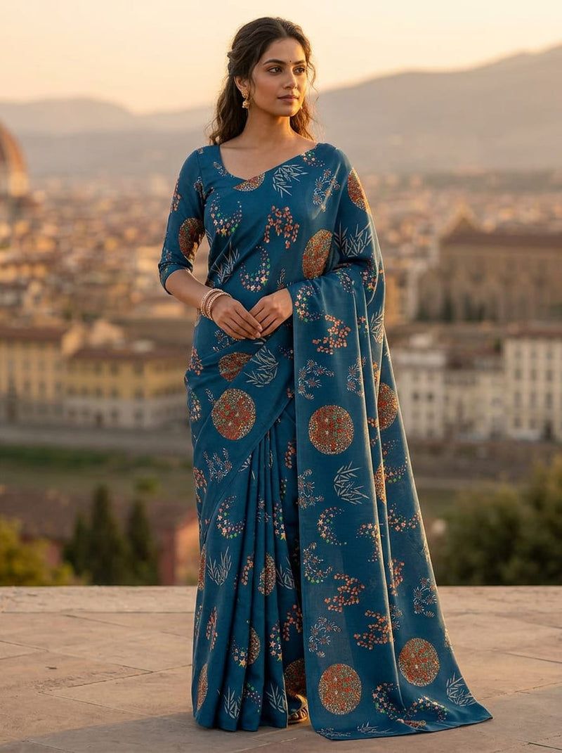 Navy Celestial Star and Mandala Motif Kora Silk Digital Printed Fabric