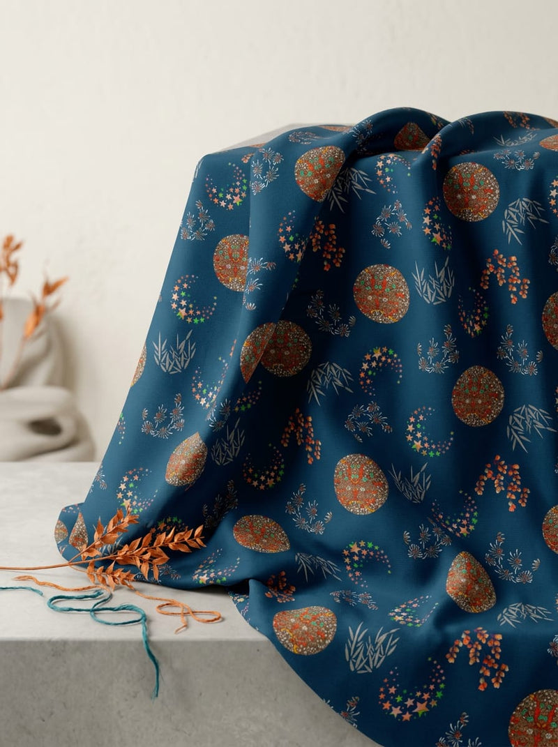 Navy Celestial Star and Mandala Motif Kora Silk Digital Printed Fabric