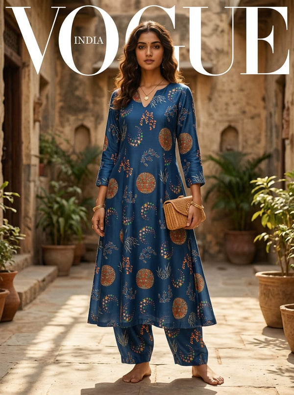 Navy Celestial Star and Mandala Motif Kora Silk Digital Printed Fabric - A-Line Kurta with Salwar Lookbook - KS-0-TA01266-110 - alternate view
