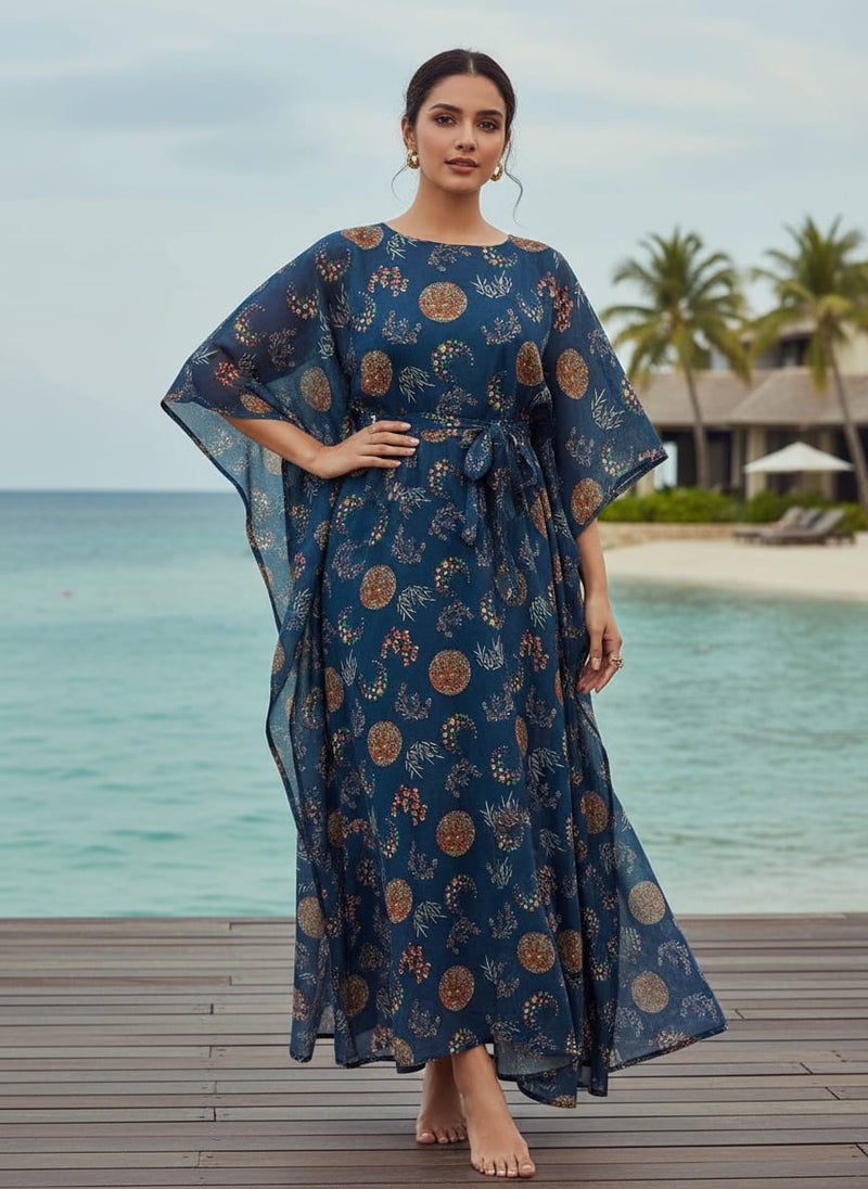 Beautiful Quirky Pattern over Blue Base Digital Printed Fabric