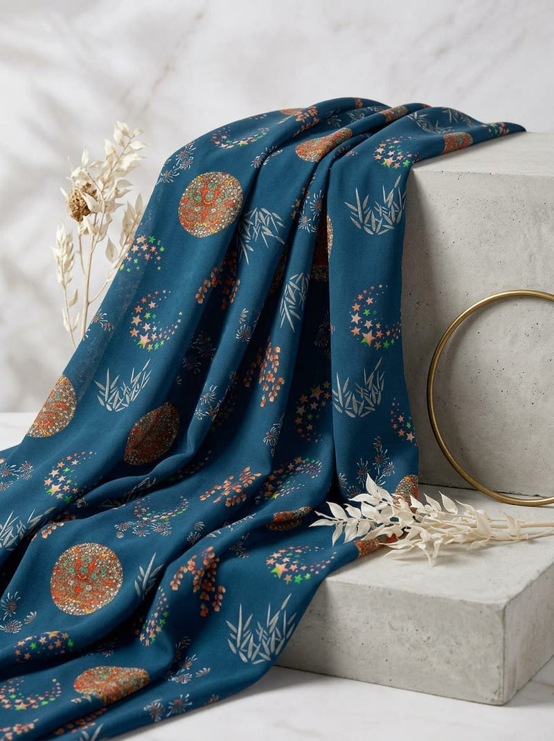Navy Bohemian Star and Medallion Muslin Digital Printed Fabric