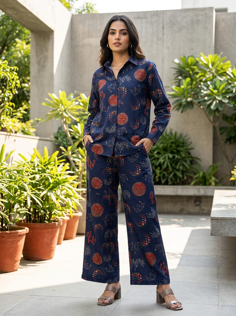 Navy Celestial Fireworks and Bamboo Pure Cotton Digital Printed Fabric
