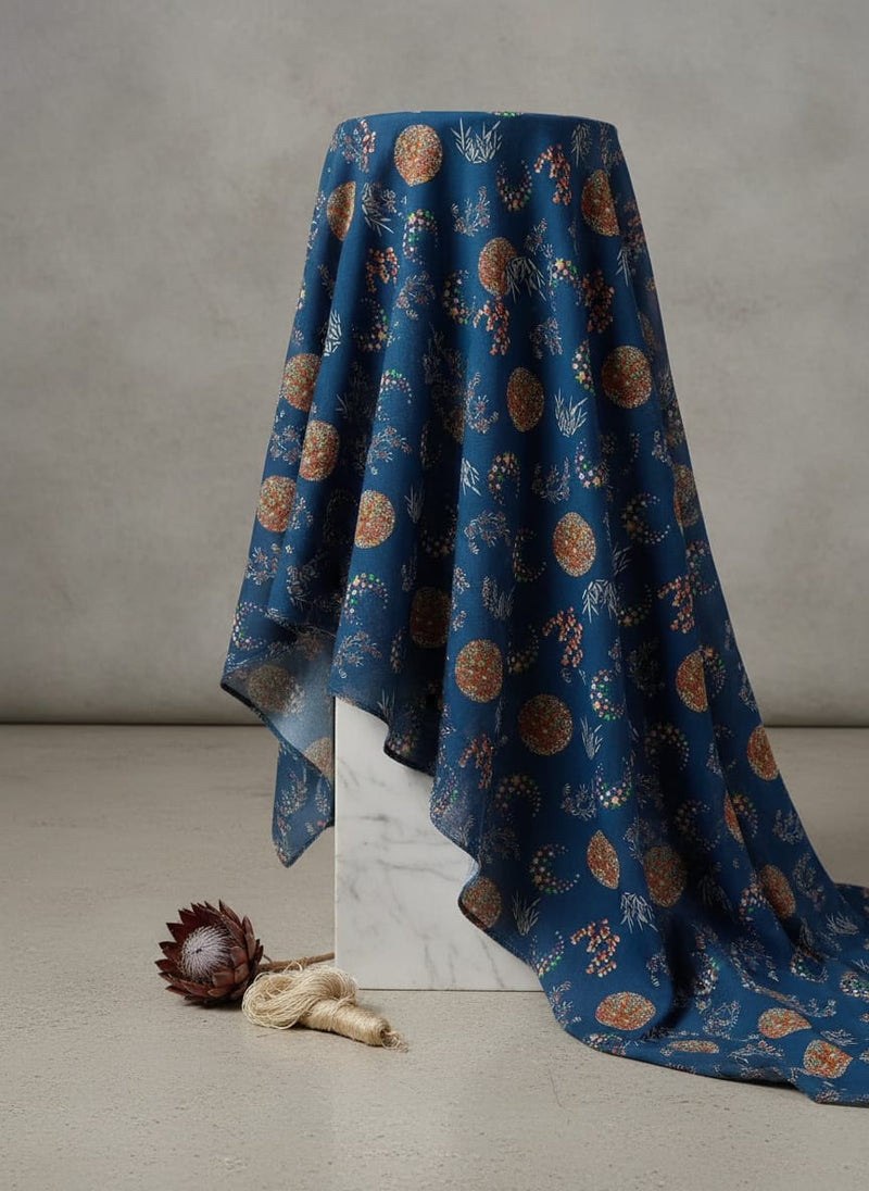 Beautiful Quirky Pattern over Blue Base Digital Printed Fabric