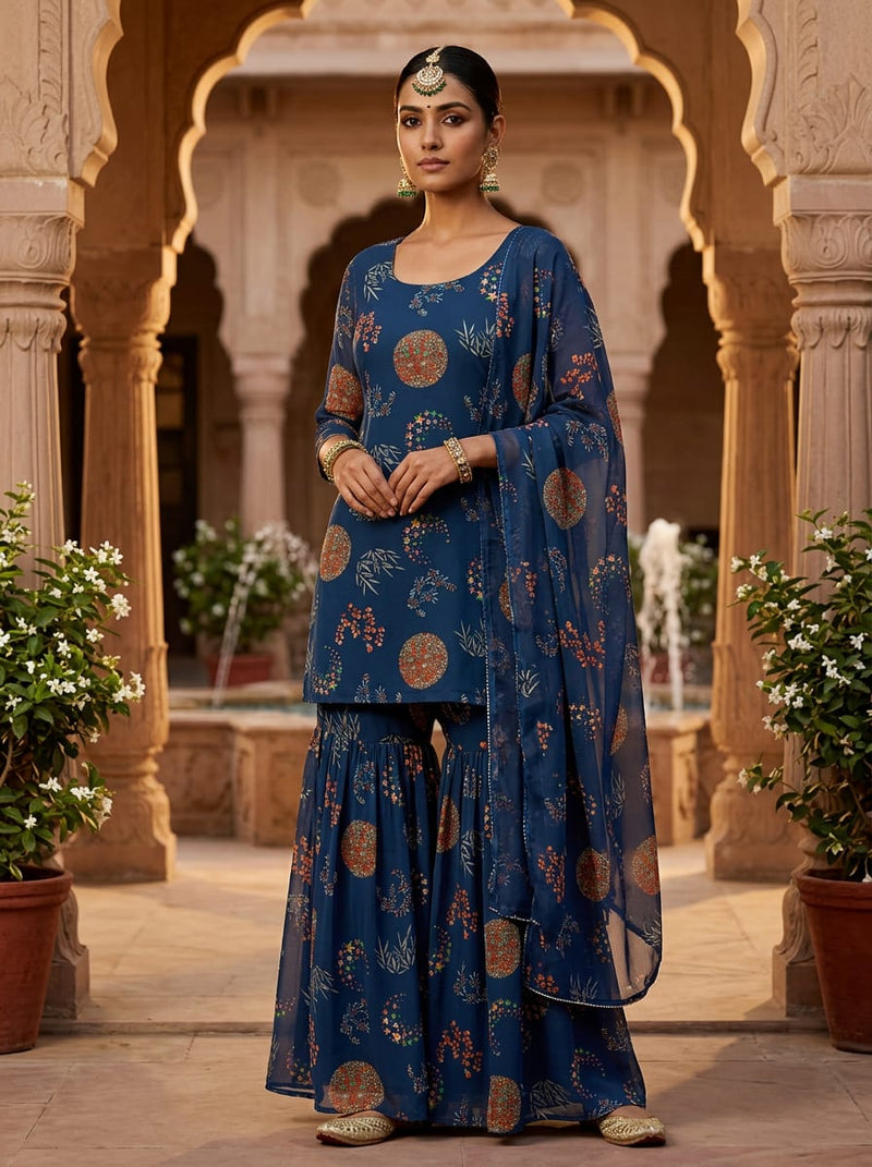 Navy Celestial Ethnic Medallion Pure Georgette Digital Printed Fabric
