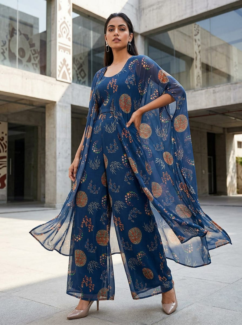 Navy Celestial Ethnic Medallion Pure Georgette Digital Printed Fabric