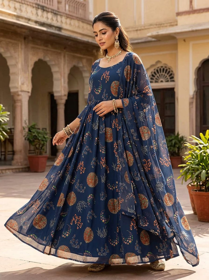 Navy Celestial Ethnic Medallion Pure Georgette Digital Printed Fabric