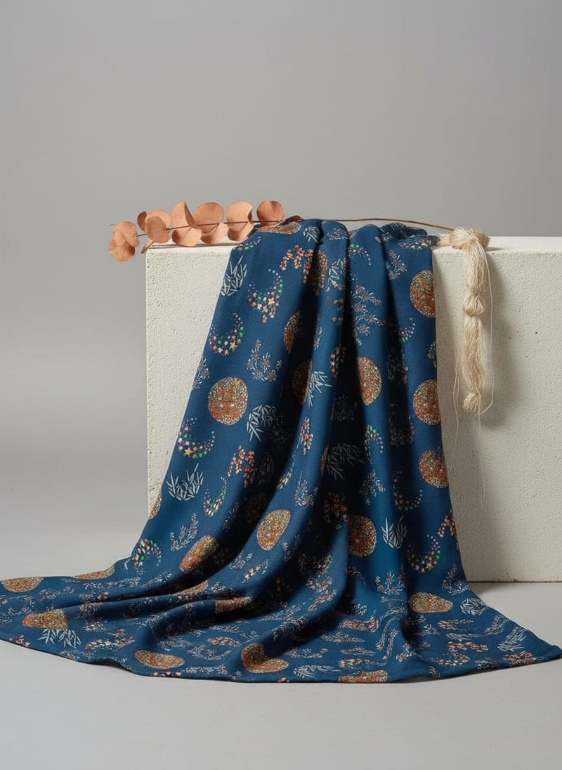 Beautiful Quirky Pattern over Blue Base Digital Printed Fabric