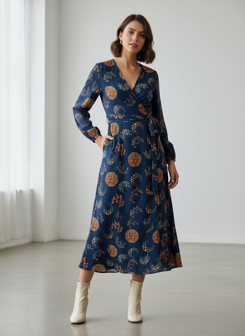 Navy Celestial Ethnic Medallion Weightless Digital Printed Fabric
