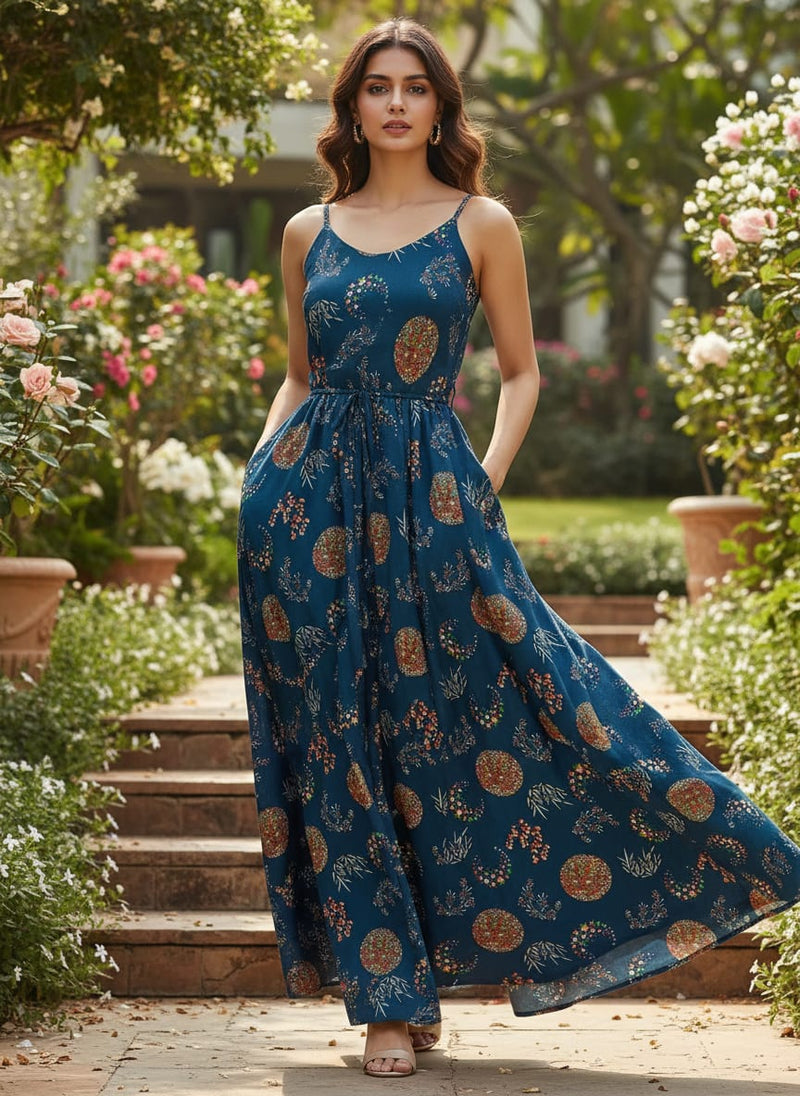 Navy Celestial Ethnic Medallion Weightless Digital Printed Fabric