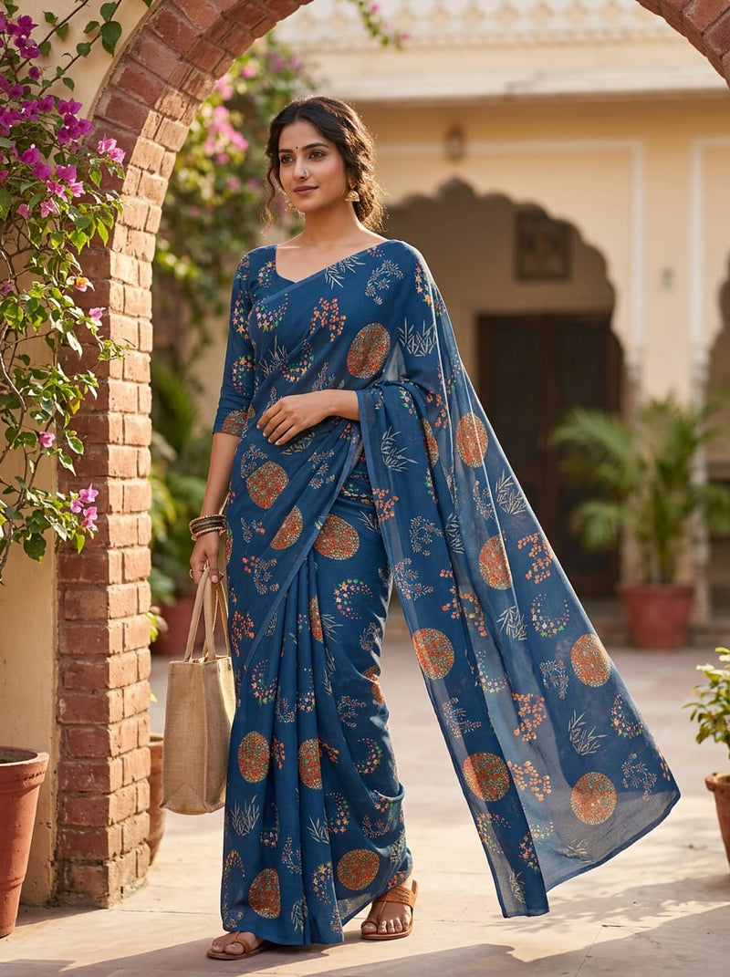 Navy Celestial Ethnic Medallion Weightless Digital Printed Fabric
