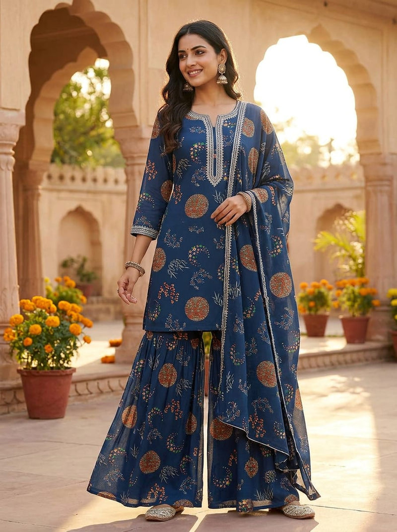 Navy Celestial Ethnic Medallion Weightless Digital Printed Fabric
