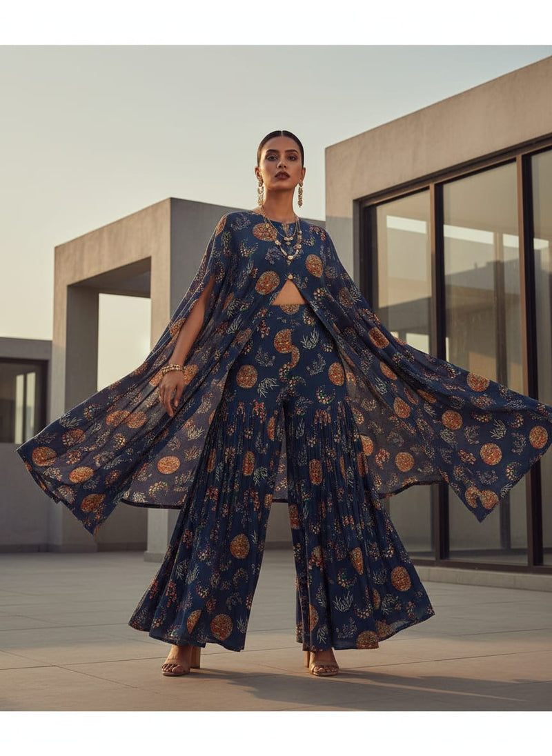 Navy Celestial Ethnic Medallion Weightless Digital Printed Fabric
