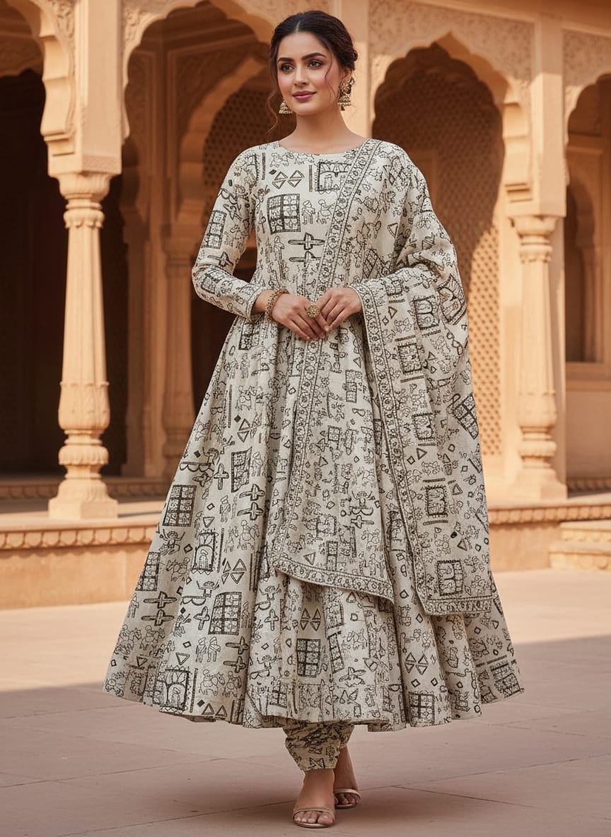 Cream Ethnic Warli Art Print Silk Crepe Digital Printed Fabric
