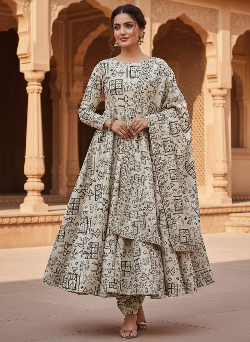 Cream Ethnic Warli Art Print Silk Crepe Digital Printed Fabric